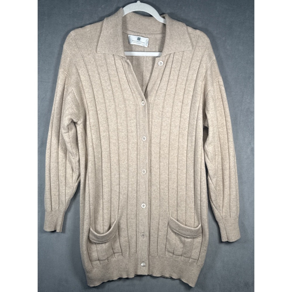 BALLANTYNE Cashmere Cardigan Sweater Small Made in Scotland Ribbed Collared Tan